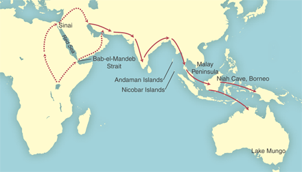Proposed routes of early humans migrating out of Africa